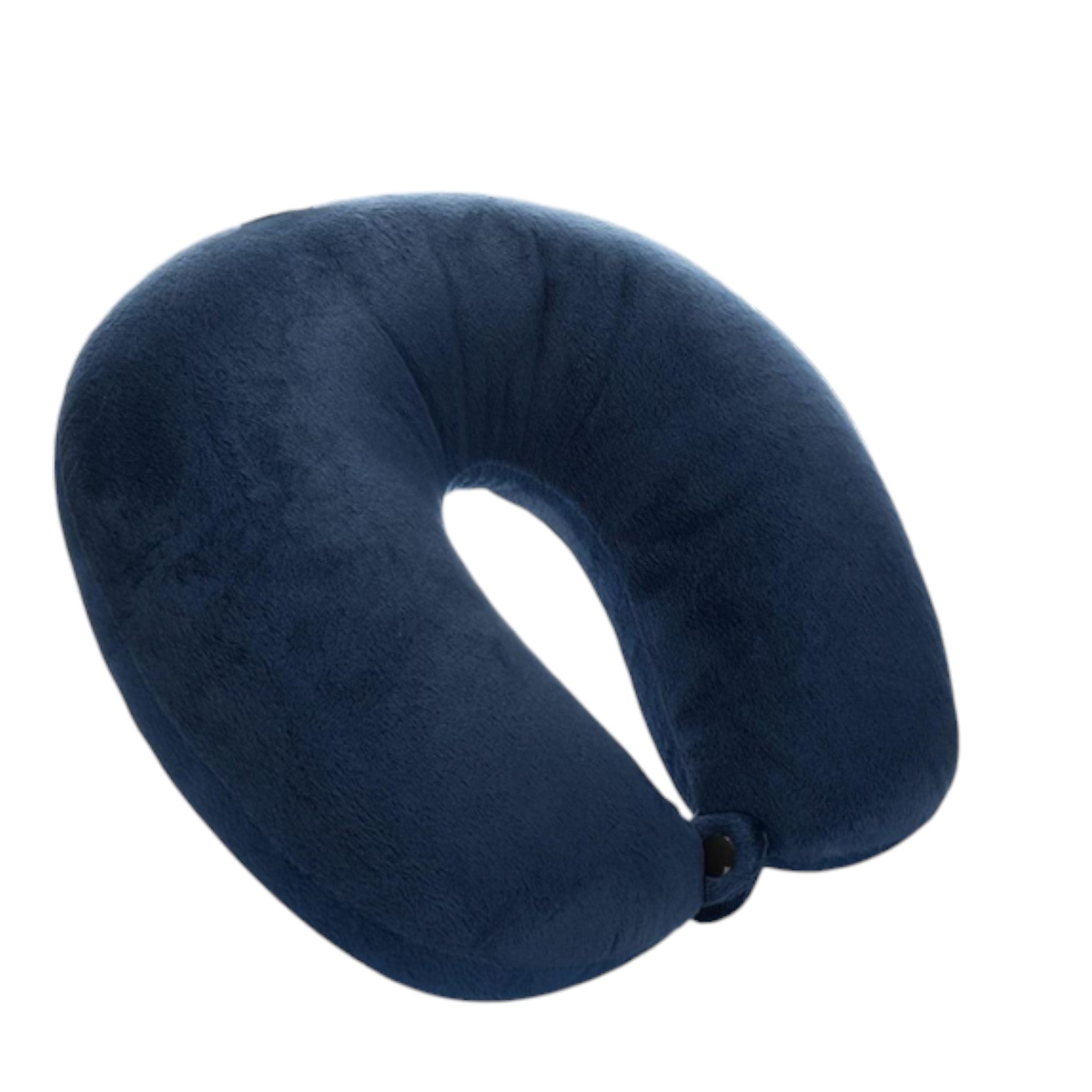 Soft memory foam travel neck pillows in navy blue – U-shaped ergonomic design with button clasp for support and comfort on flights and long journeys